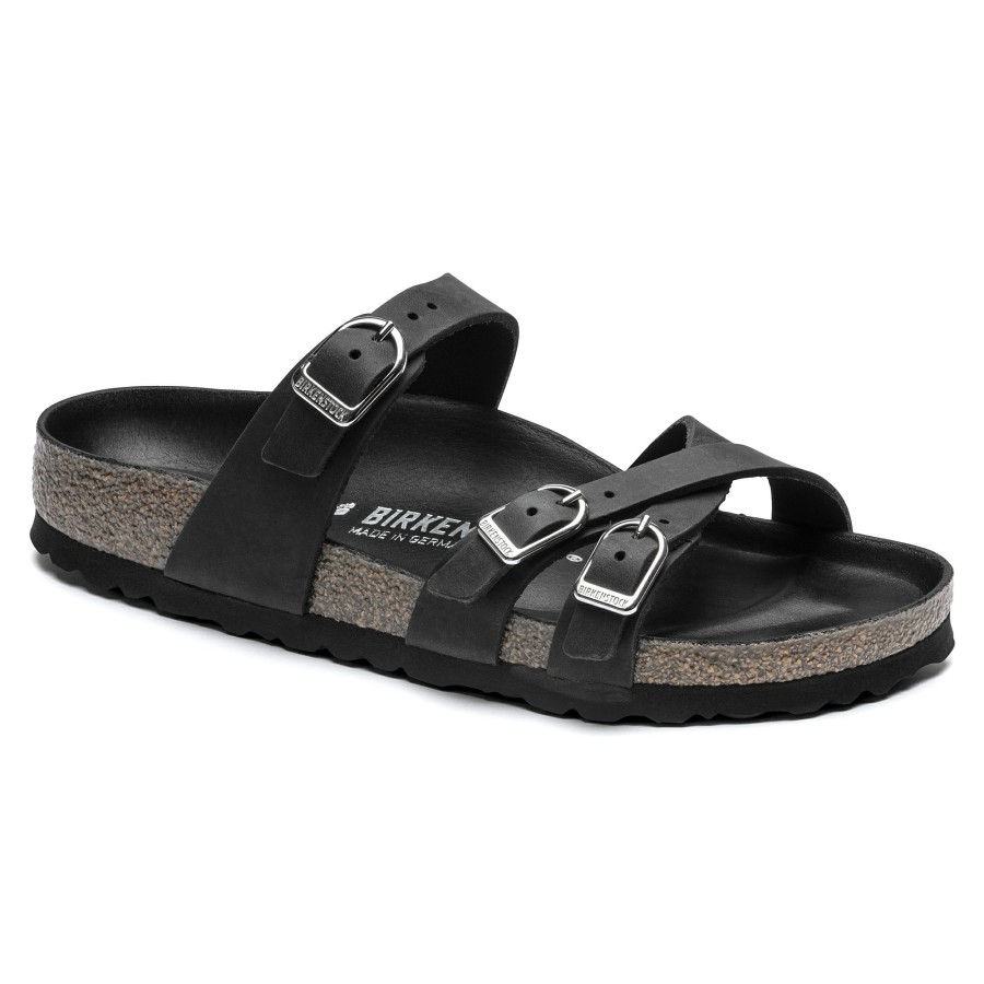 Women * | Clearance Franca Big Buckle Black Oiled Leather Regular Width Hard Footbed