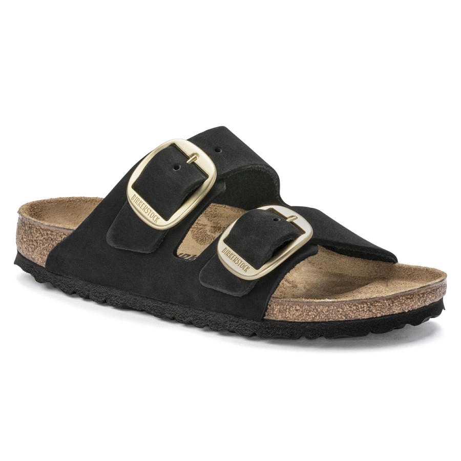 Women * | Flash Sale Arizona Big Buckle Black Nubuck Leather Regular Width Hard Footbed