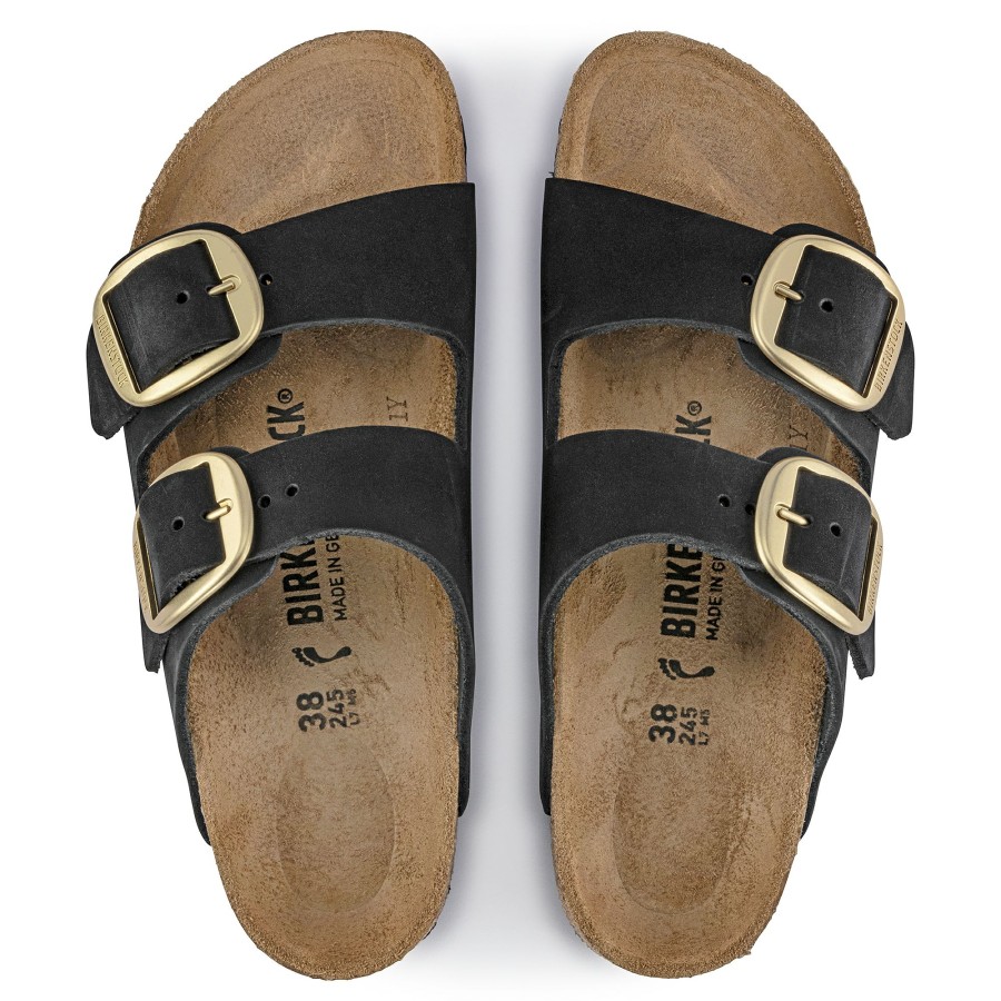 Women * | Flash Sale Arizona Big Buckle Black Nubuck Leather Regular Width Hard Footbed